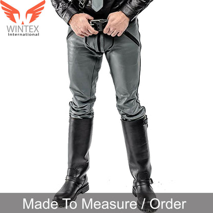 Men’s Real Leather Bikers Pants Color Piping Biker Grey Leather Pants BLUF Pants