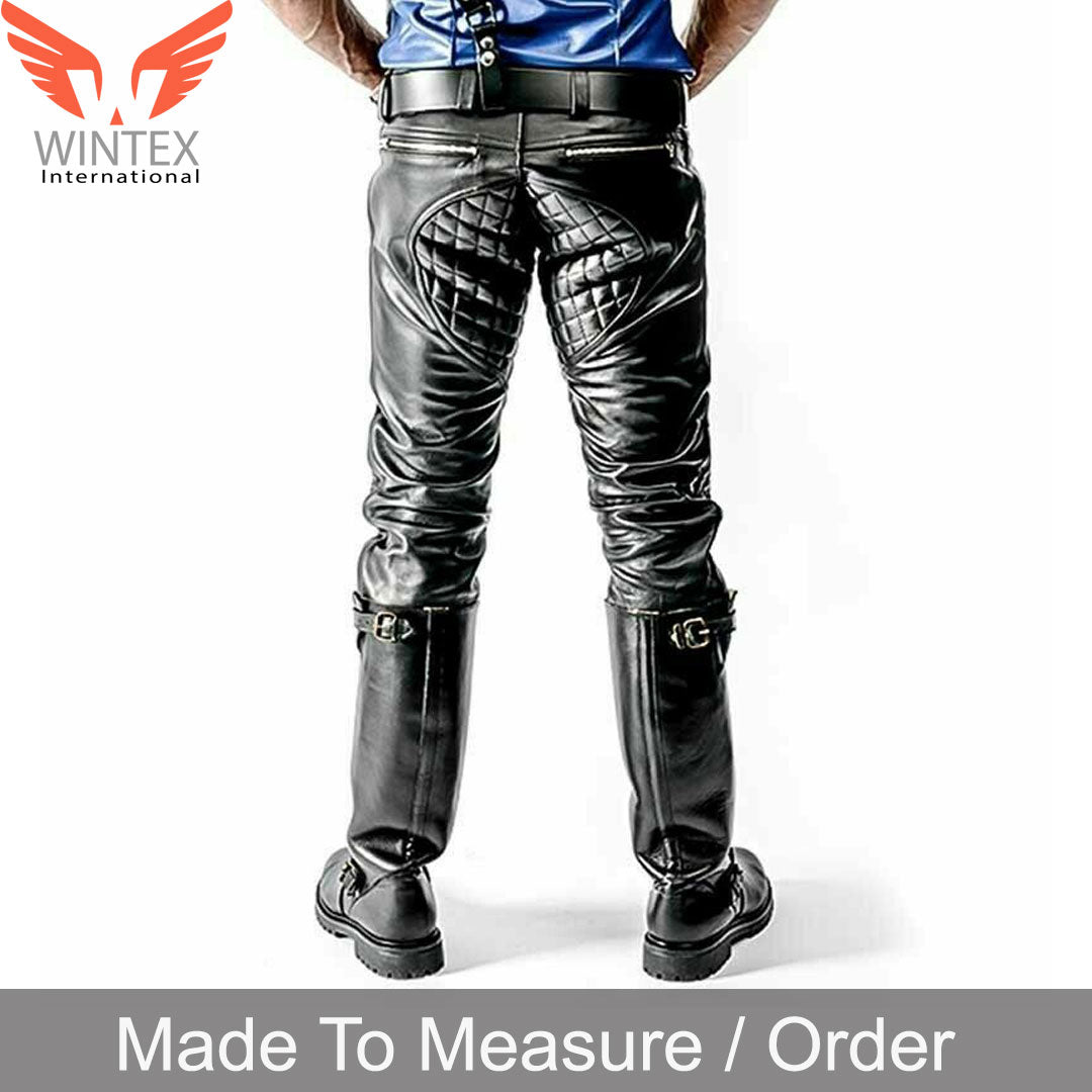 Men’s Real Cowhide Leather Quilted Panels Carpenter Pants Bikers BLUF Pants