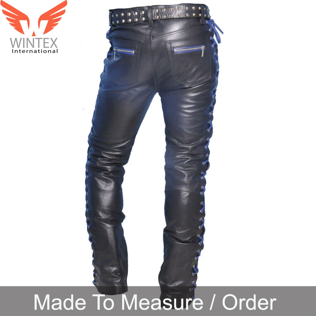 Men’s Real Cowhide Leather Laces Up Pants Bikers Contrast Laces Up Pants