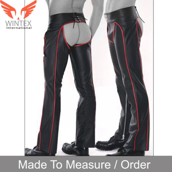 Men’s Real Cowhide Leather Bikers Chaps With Red Piping & Detachable Codpiece