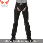 Men’s Real Cowhide Leather Bikers Chaps With Red Piping & Detachable Codpiece