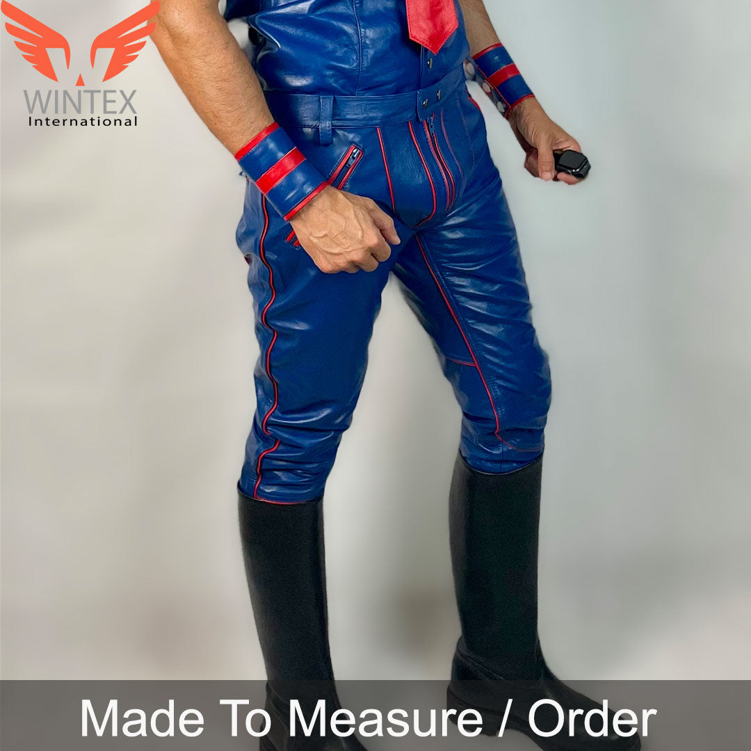 Men’s Real Leather Bikers Pants in Blue Color with Red Piping BLUF Pants