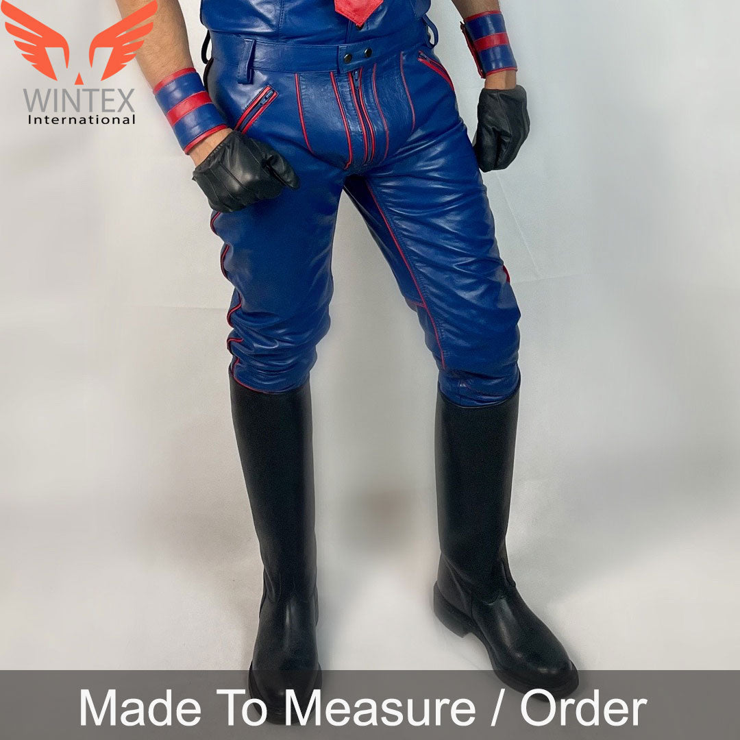 Men’s Real Leather Bikers Pants in Blue Color with Red Piping BLUF Pants