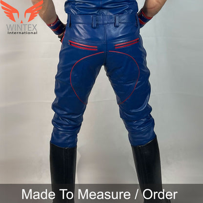 Men’s Real Leather Bikers Pants in Blue Color with Red Piping BLUF Pants