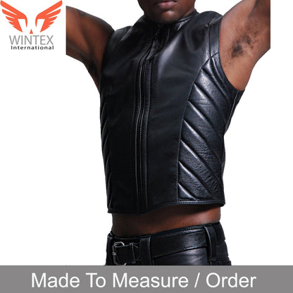 Men’s Real Cowhide Black Leather With Quilted Side Panels Biker’s Vest Waistcoat