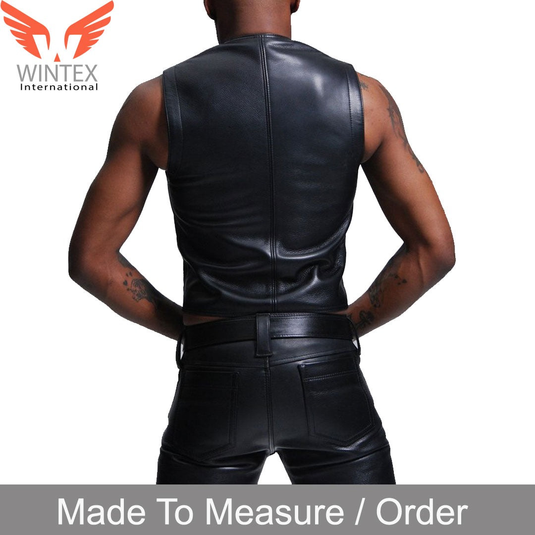 Men’s Real Cowhide Black Leather With Quilted Side Panels Biker’s Vest Waistcoat
