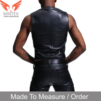 Men’s Real Cowhide Black Leather With Quilted Side Panels Biker’s Vest Waistcoat