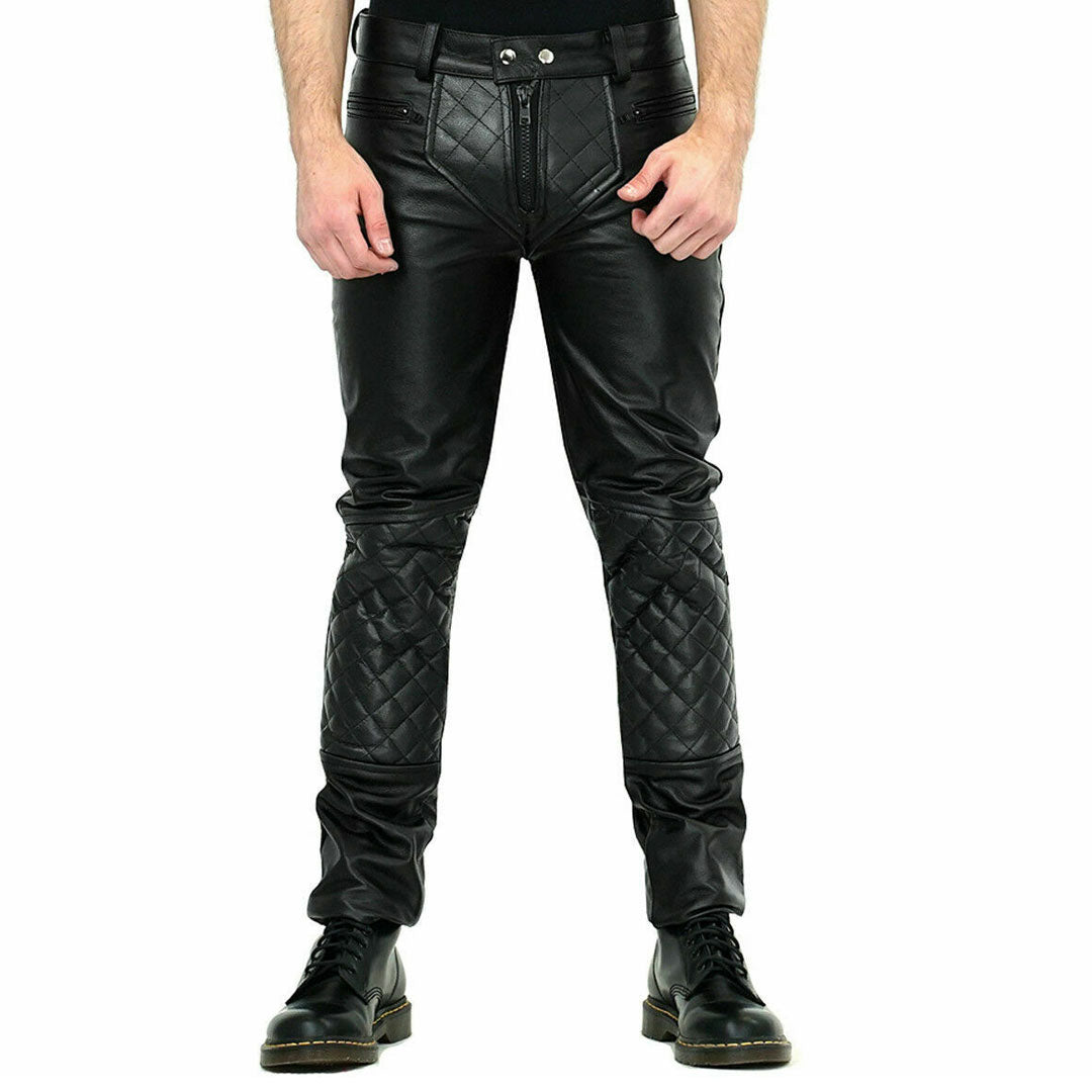Men’s Real Cowhide Soft Leather Quilted Panels Bikers Pants BLUF Leather Pants