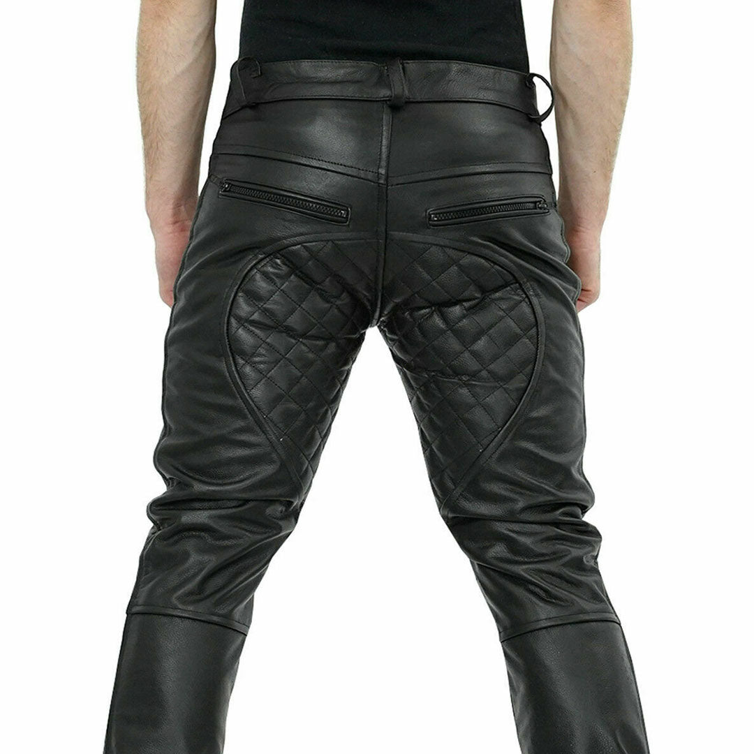Men’s Real Cowhide Soft Leather Quilted Panels Bikers Pants BLUF Leather Pants
