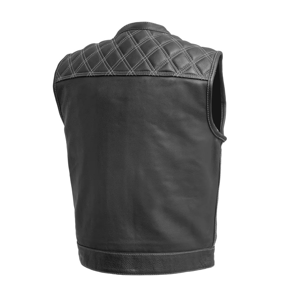 Men Real Cow Leather Bikers Vest Quilted Panels All Black Bikers Leather Vest