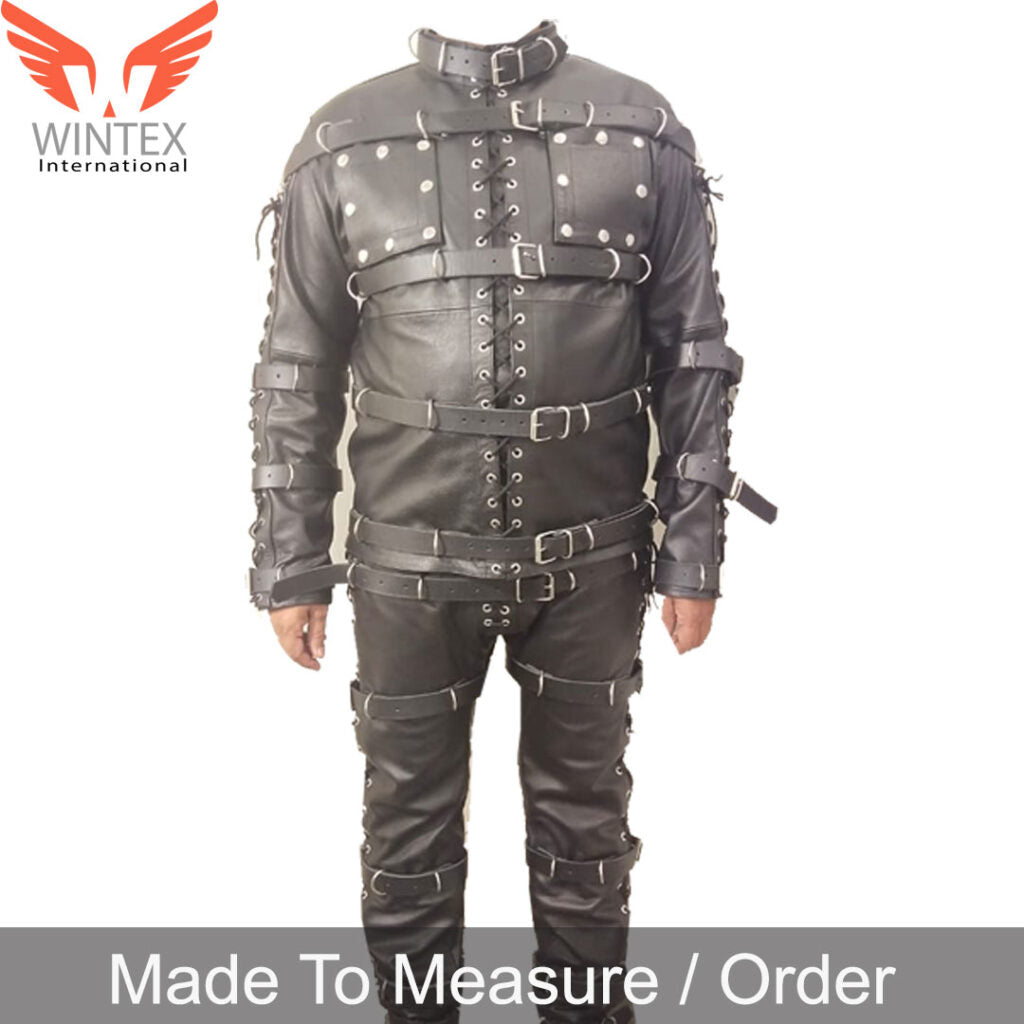 Men’s Bondage Suit Black LEATHER Heavy Duty Restriction Catsuit LARP