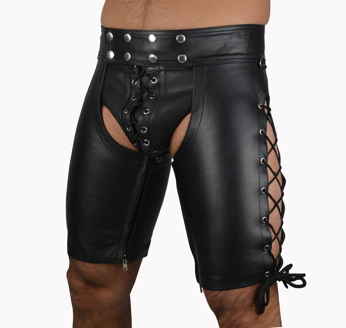 Men’s Real Leather Laces Up Chaps Shorts With Detachable Jockstrap