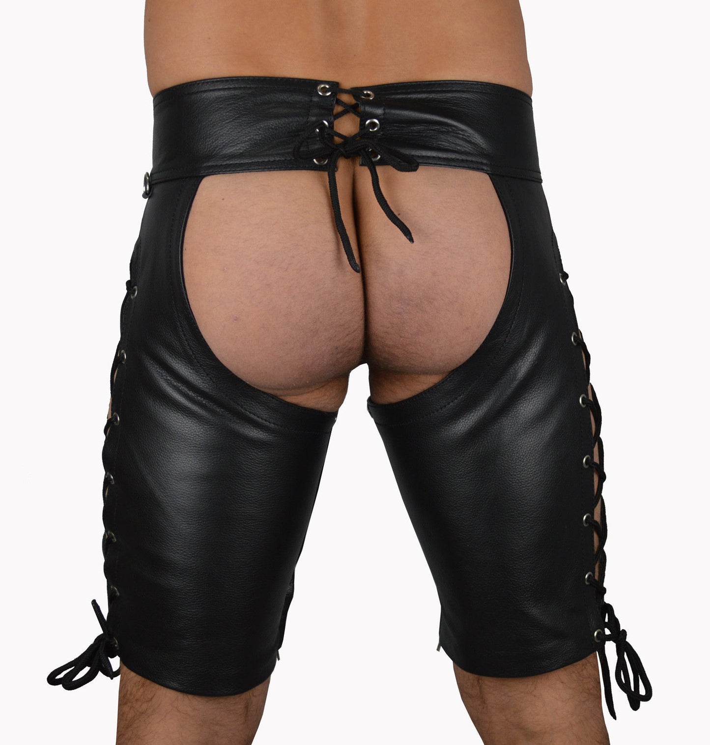 Men’s Real Leather Laces Up Chaps Shorts With Detachable Jockstrap