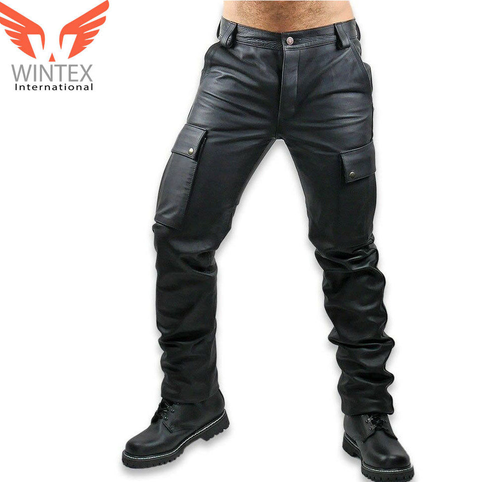 Men’s Genuine Cowhide Leather Bikers Pants With Cargo Pockets Leather Cargo Pants