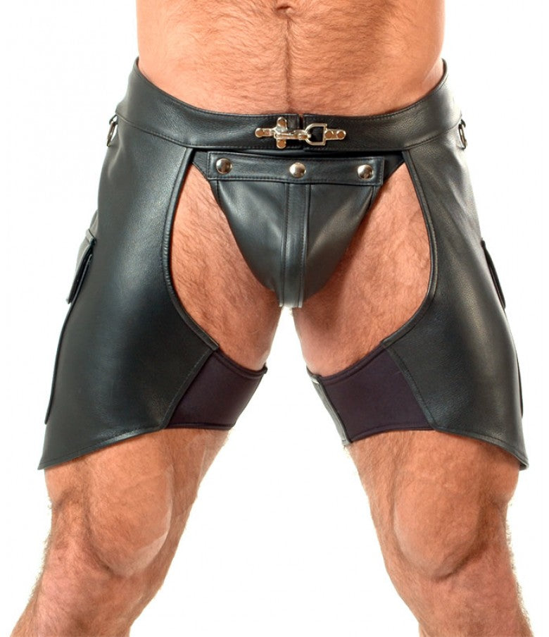 Men’s Cowhide Leather Cargo Pockets Chaps Shorts With Detachable Jockstrap