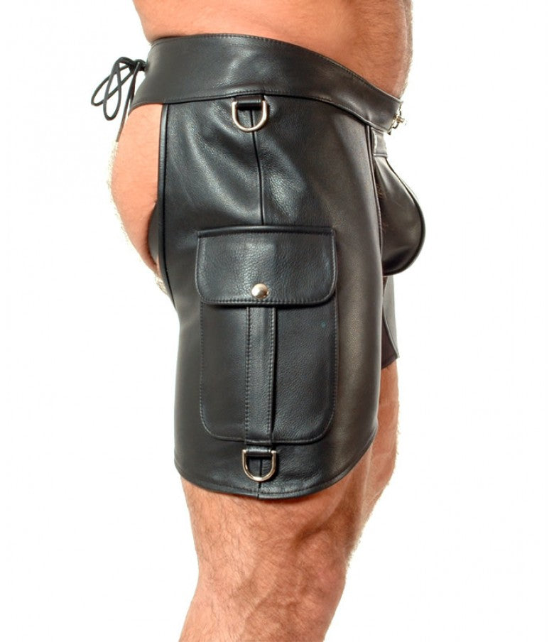 Men’s Cowhide Leather Cargo Pockets Chaps Shorts With Detachable Jockstrap