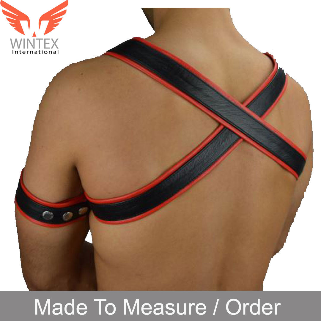 Men’s Leather Harness / Chest Male Harness With Red Piping + FREE Arm Band