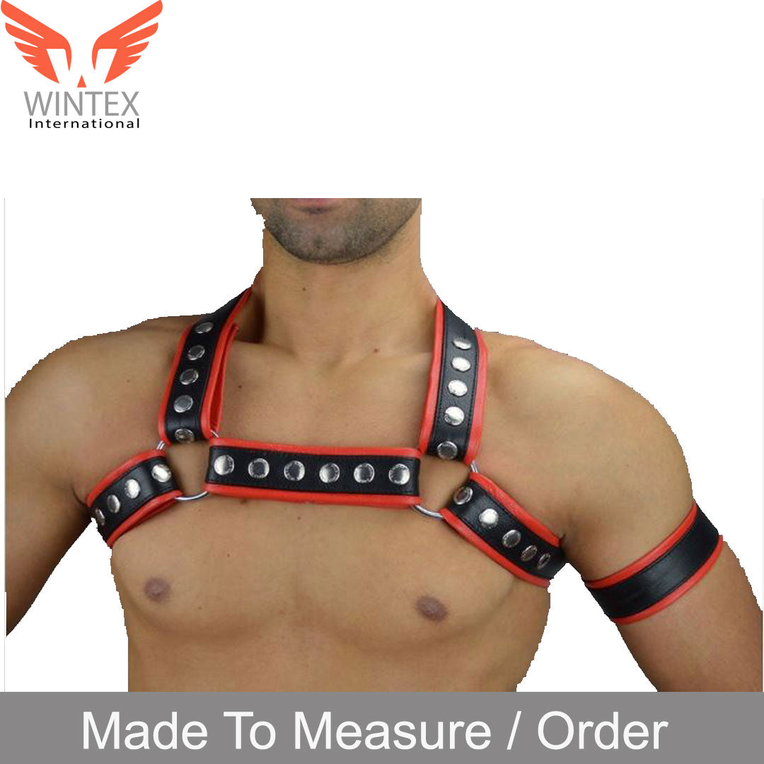 Men’s Leather Harness / Chest Male Harness With Red Piping + FREE Arm Band
