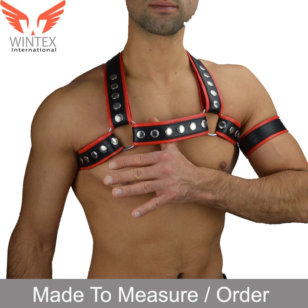 Men’s Leather Harness / Chest Male Harness With Red Piping + FREE Arm Band