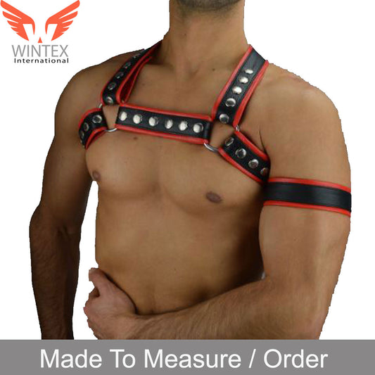Men’s Leather Harness / Chest Male Harness With Red Piping + FREE Arm Band