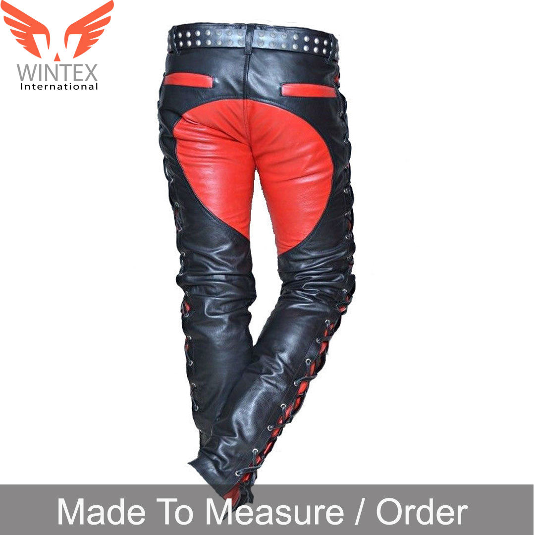 Men’s Real Leather Bikers Pants Side And Front Laces Up Contrast Leather Pants