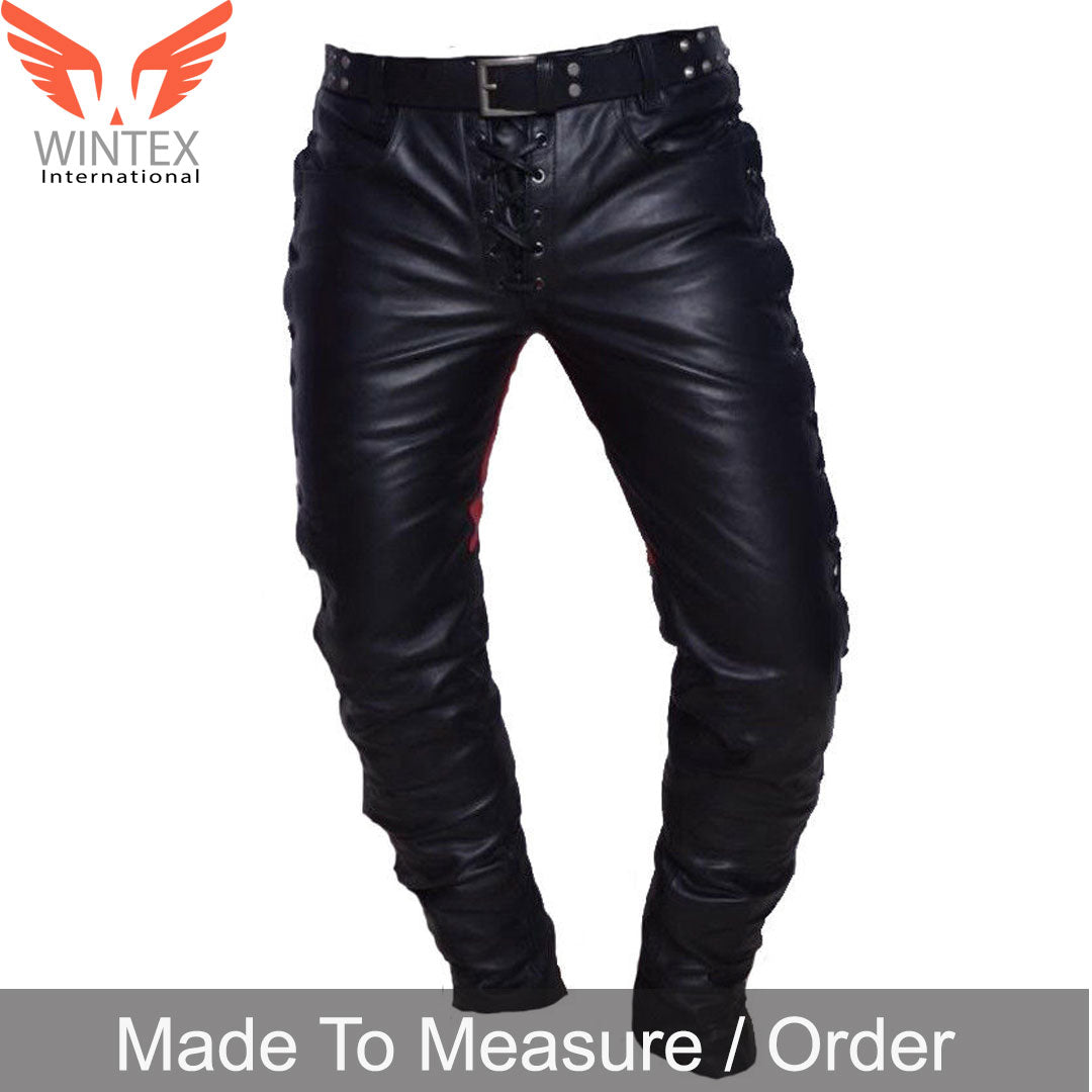 Men’s Real Leather Bikers Pants Side And Front Laces Up Contrast Leather Pants
