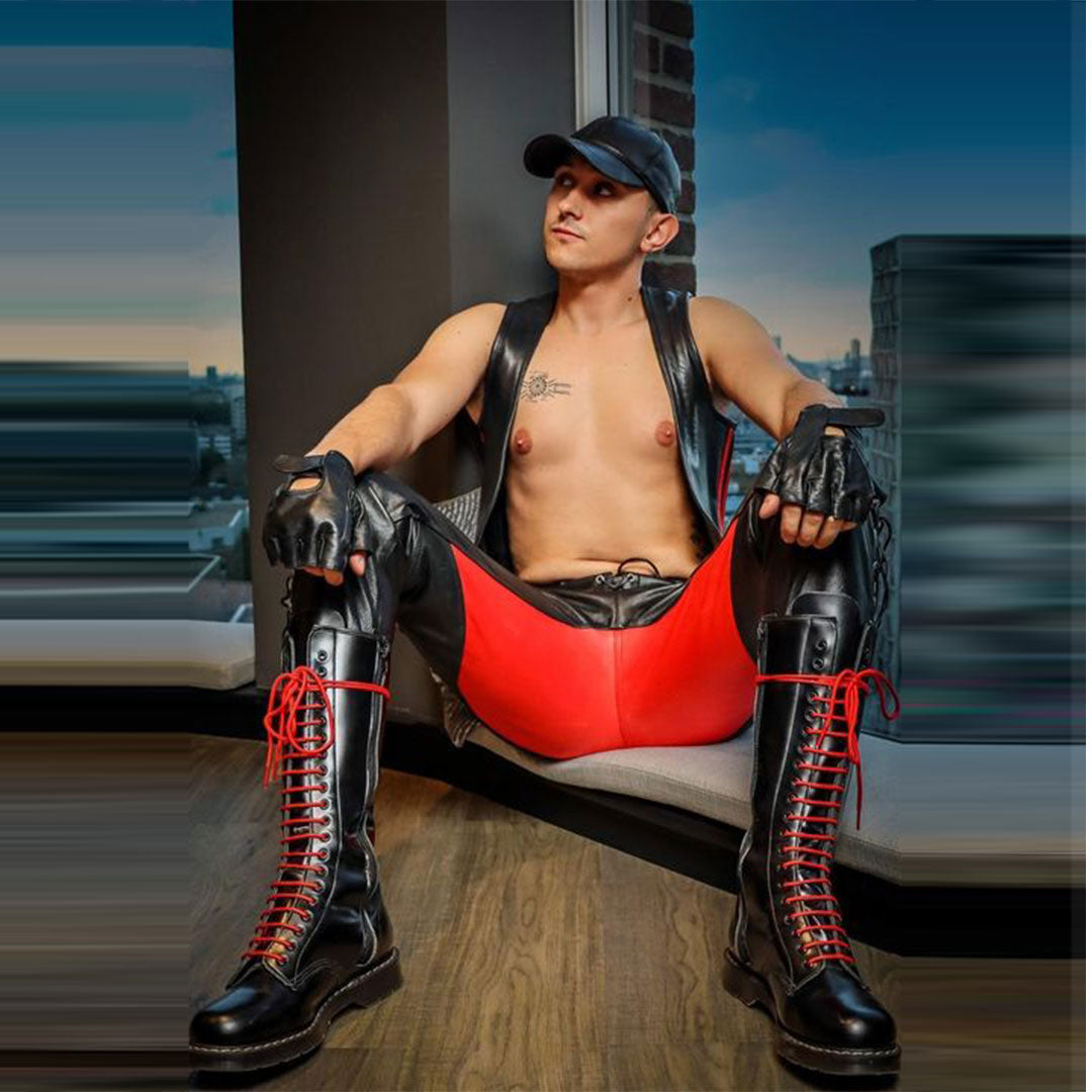Men’s Real Leather Bikers Pants Side And Front Laces Up Contrast Leather Pants