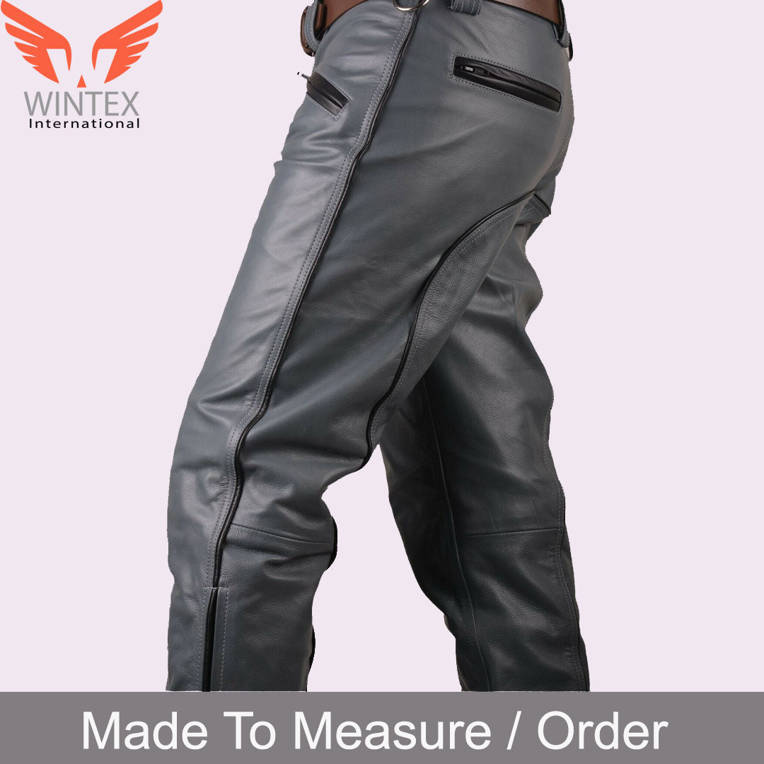 Men’s Real Cowhide Leather Bikers Pants Bikers Grey Leather BLUF Bikers Pants