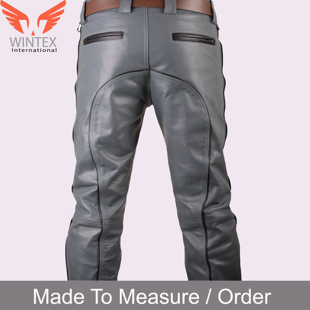 Men’s Real Cowhide Leather Bikers Pants Bikers Grey Leather BLUF Bikers Pants