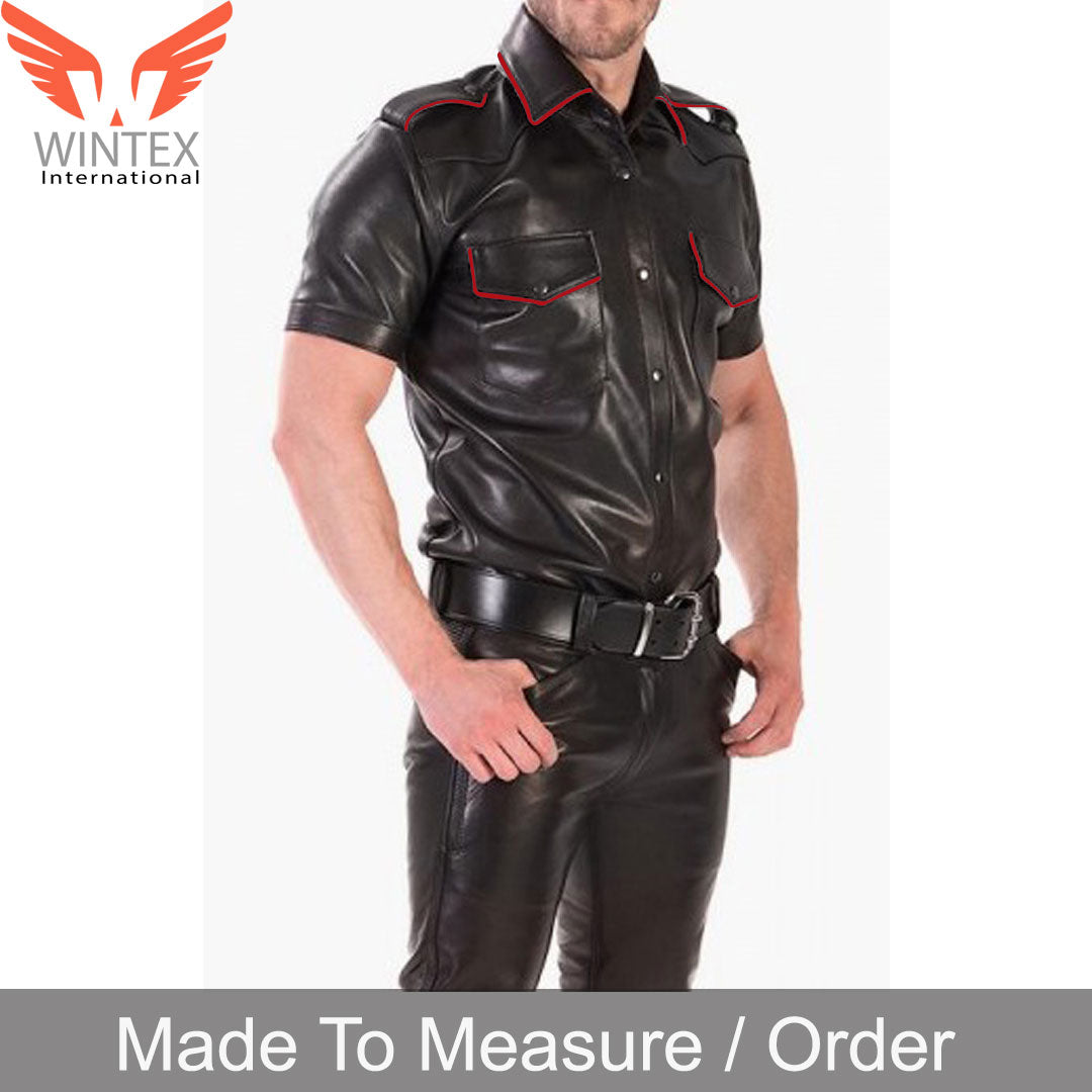 Men’s Real Lamb Leather Police Uniform Shirt Short Sleeves Shirt IN 3 COLORS Piping