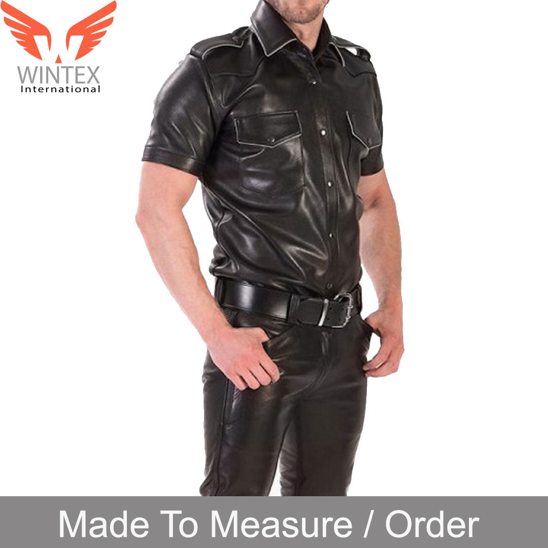 Men’s Real Lamb Leather Police Uniform Shirt Short Sleeves Shirt IN 3 COLORS Piping