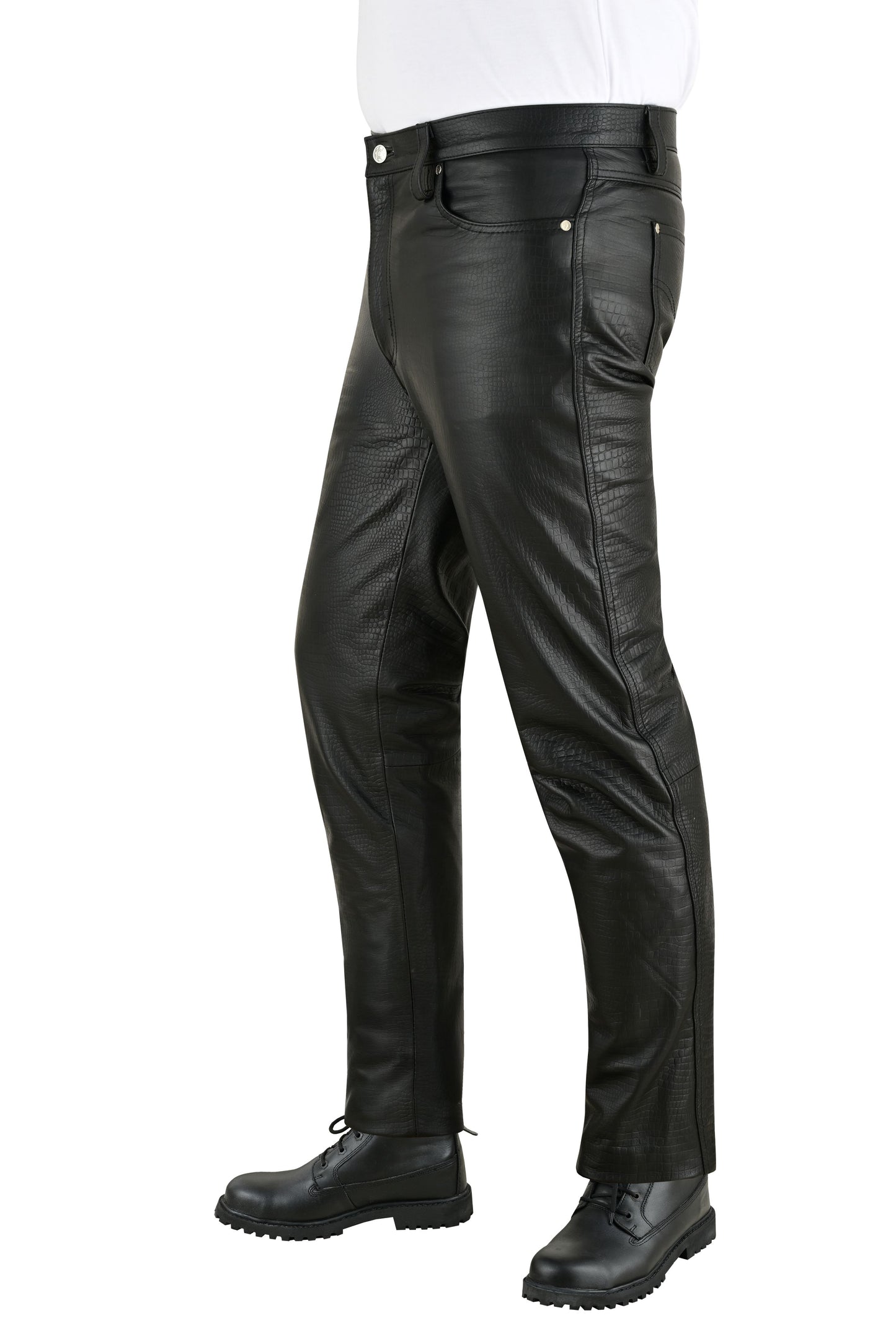 Men's Real Cowhide Crocodile Print Leather Bikers Pants 5 Pockets Pants 501 Style Leather Pants