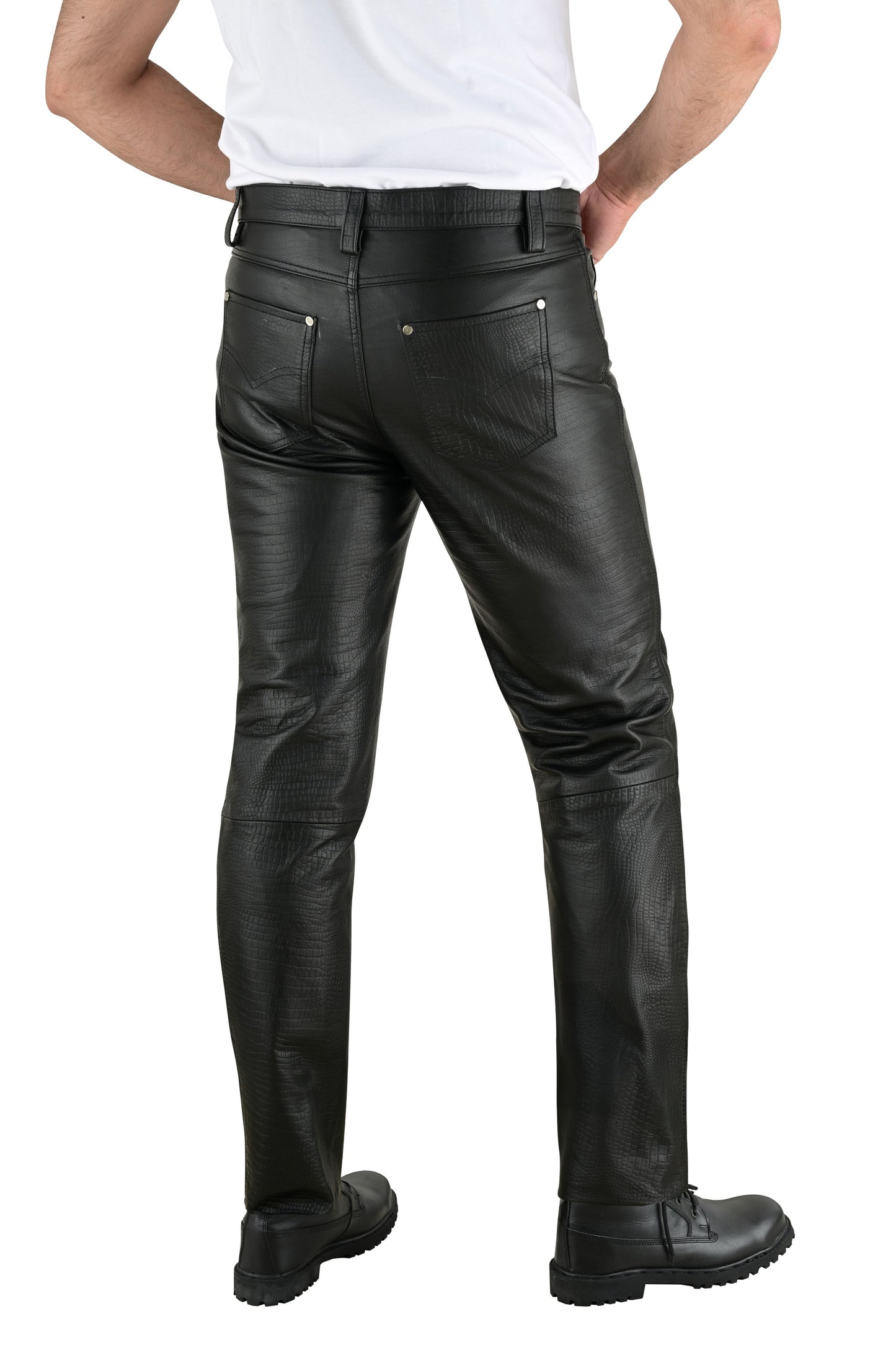 Men's Real Cowhide Crocodile Print Leather Bikers Pants 5 Pockets Pants 501 Style Leather Pants