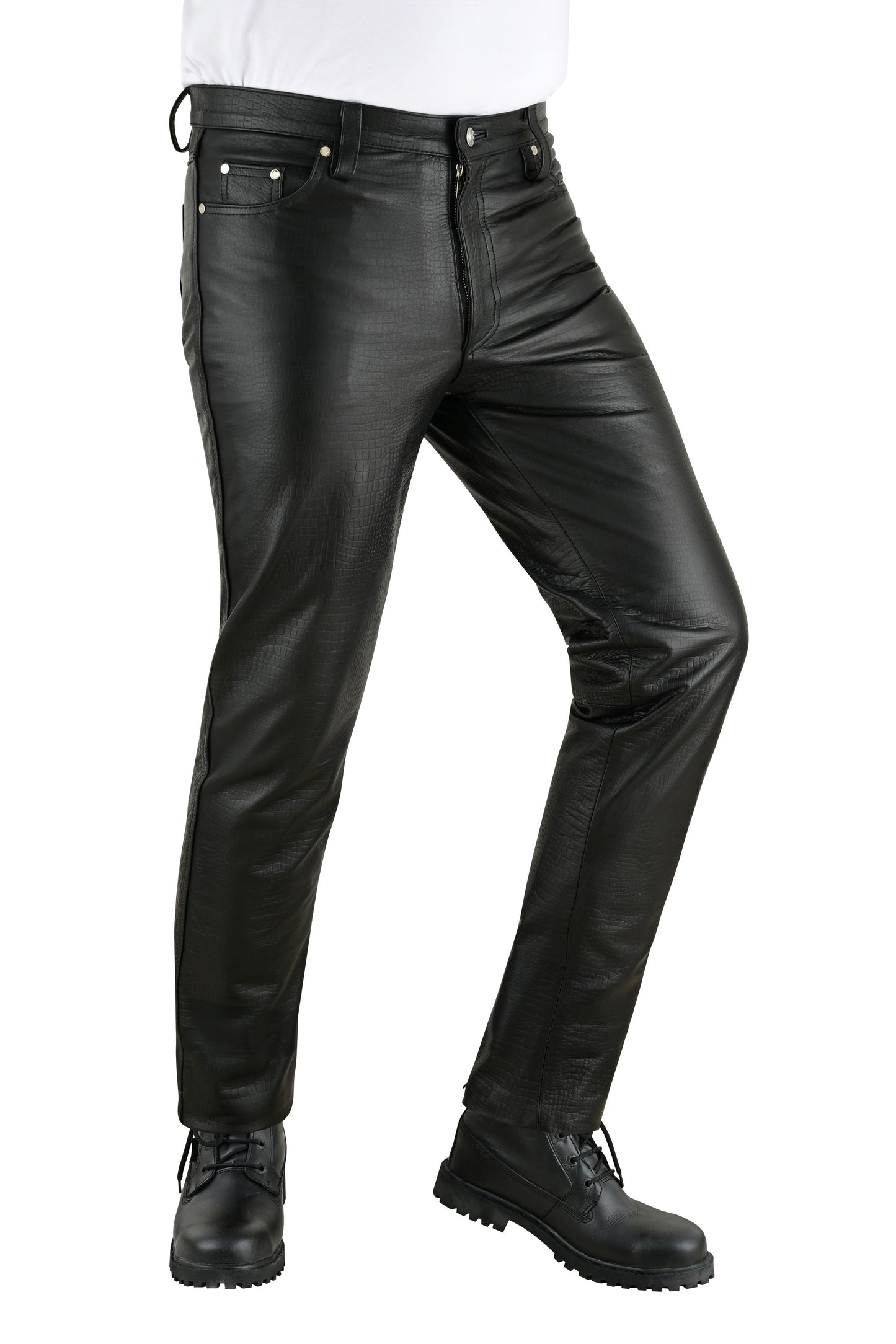 Men's Real Cowhide Crocodile Print Leather Bikers Pants 5 Pockets Pants 501 Style Leather Pants