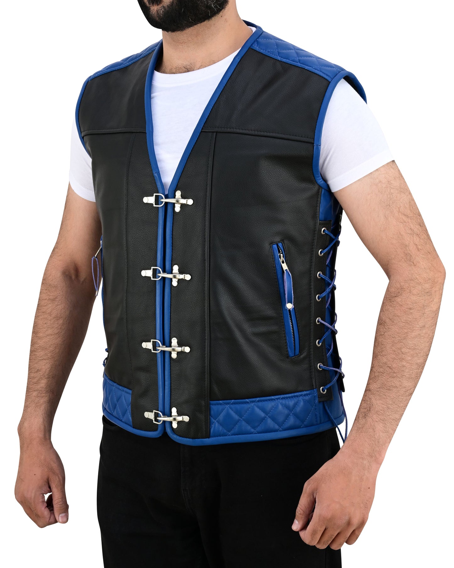 MEN'S REAL LEATHER VEST BIKERS VEST WITH QUILTED PANELS BLACK & BLUE BIKERS VEST