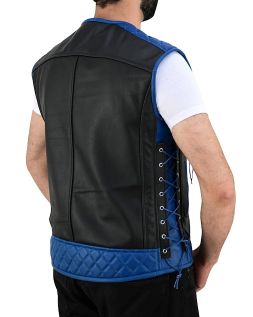 MEN'S REAL LEATHER VEST BIKERS VEST WITH QUILTED PANELS BLACK & BLUE BIKERS VEST
