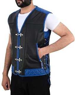 MEN'S REAL LEATHER VEST BIKERS VEST WITH QUILTED PANELS BLACK & BLUE BIKERS VEST
