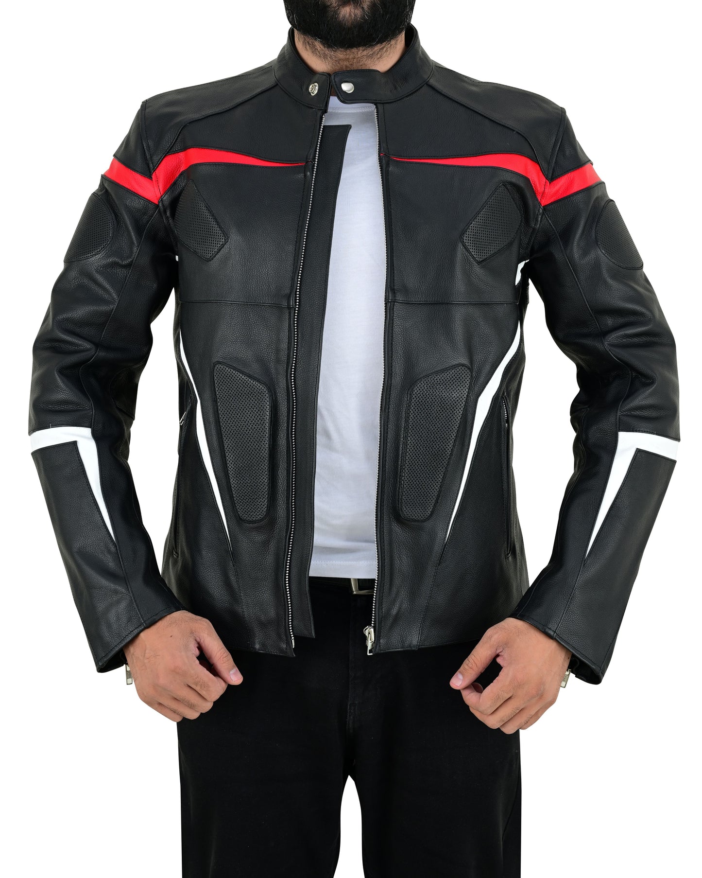 Men's Real Cowhide Leather Bikers Jacket Fringes At Sleeves & Back With Quilted Panels
