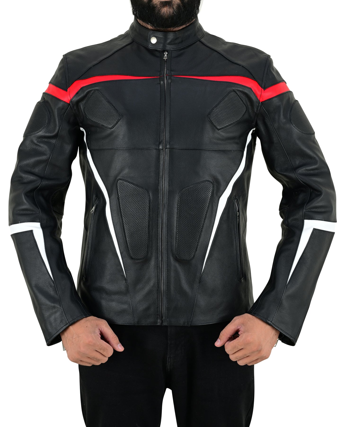 Men's Real Cowhide Leather Bikers Jacket Fringes At Sleeves & Back With Quilted Panels