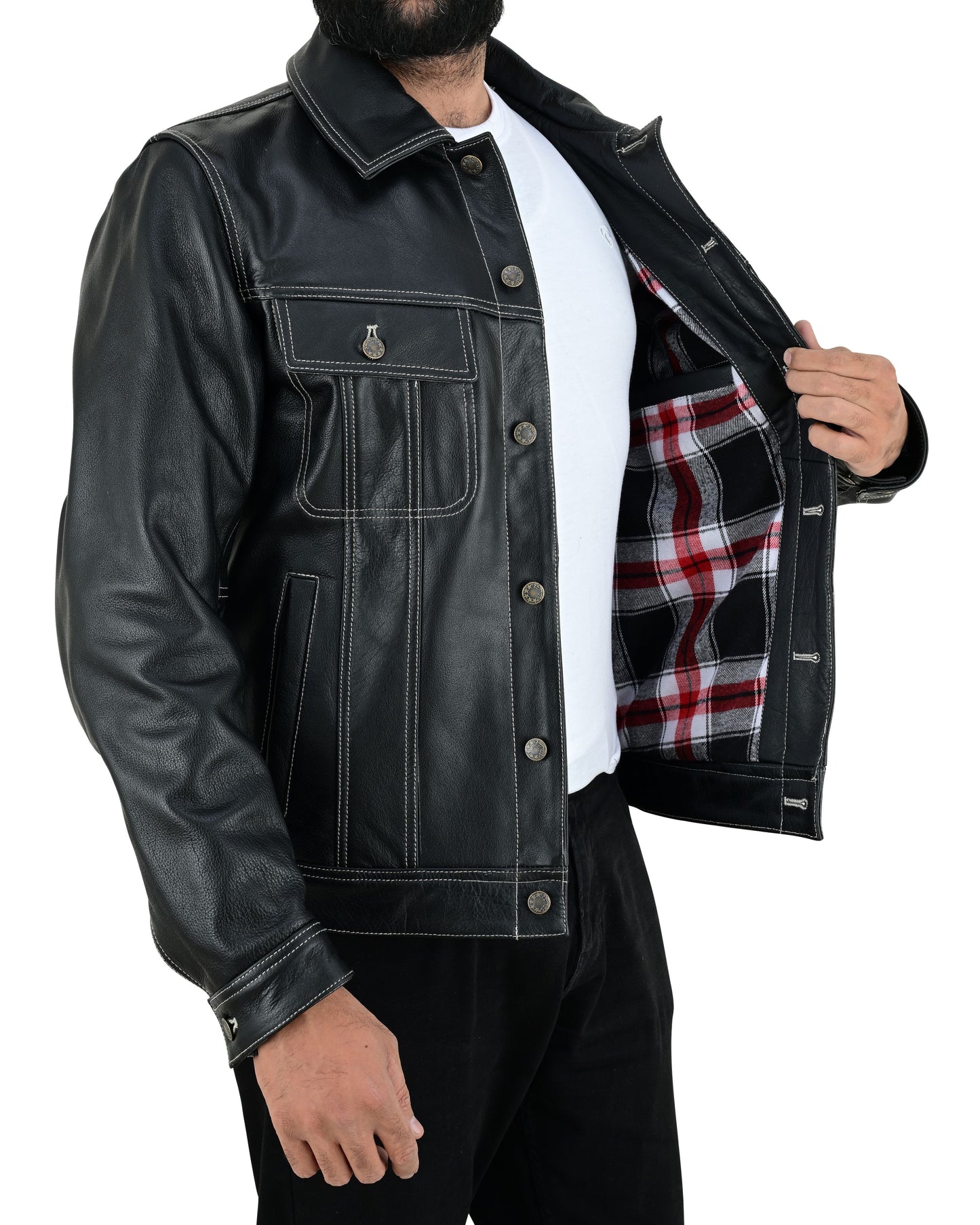 Men's Real Cow Leather Trucker Jacket Contrast White Thread Levi's Style Bikers Jacket