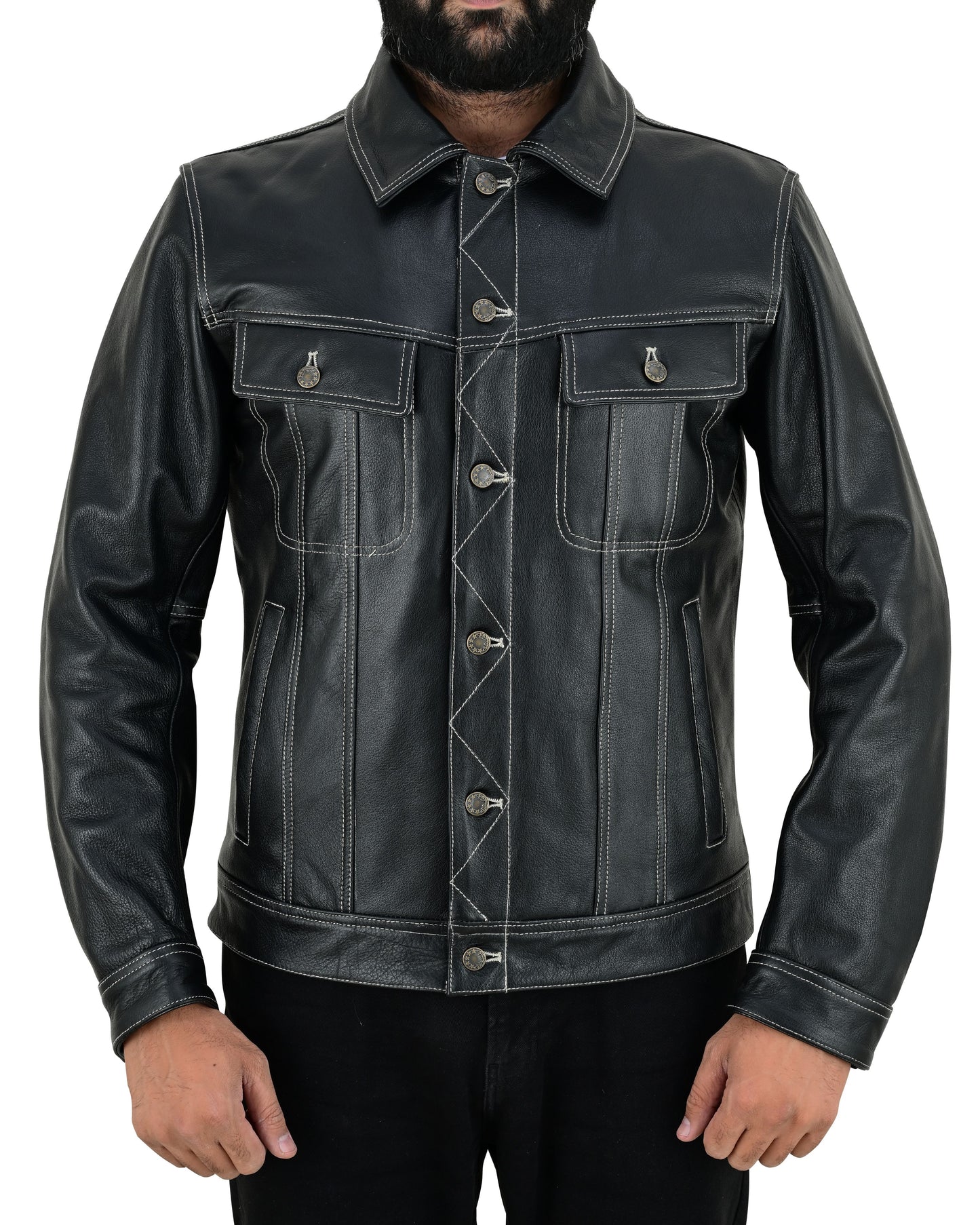 Men's Real Cow Leather Trucker Jacket Contrast White Thread Levi's Style Bikers Jacket