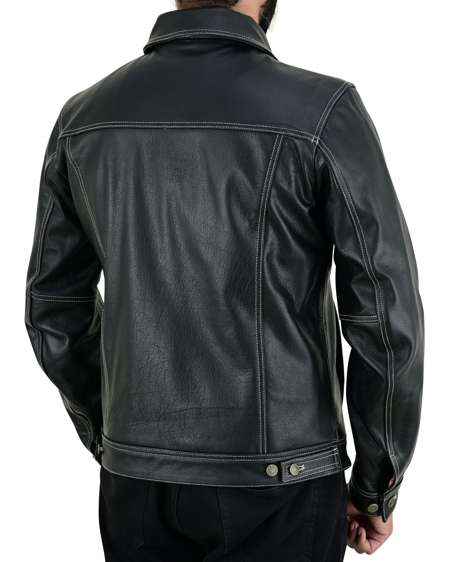 Men's Real Cow Leather Trucker Jacket Contrast White Thread Levi's Style Bikers Jacket