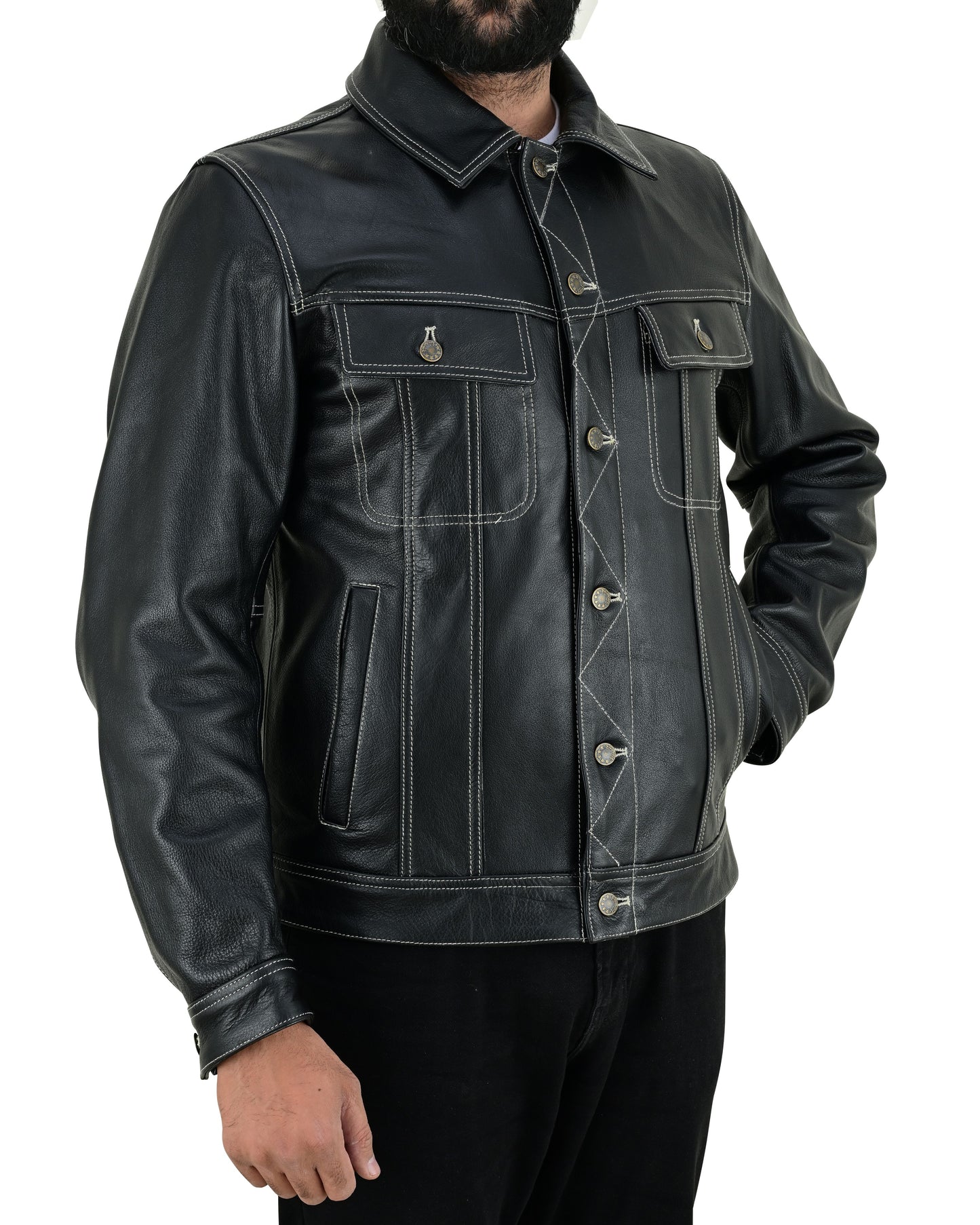 Men's Real Cow Leather Trucker Jacket Contrast White Thread Levi's Style Bikers Jacket
