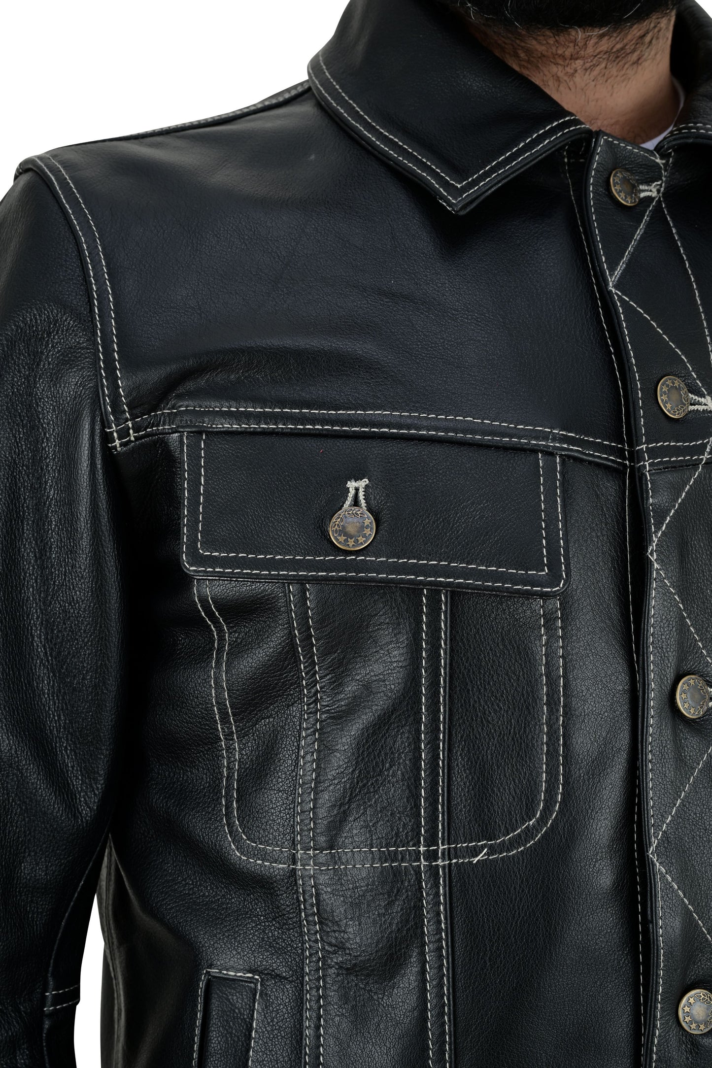 Men's Real Cow Leather Trucker Jacket Contrast White Thread Levi's Style Bikers Jacket