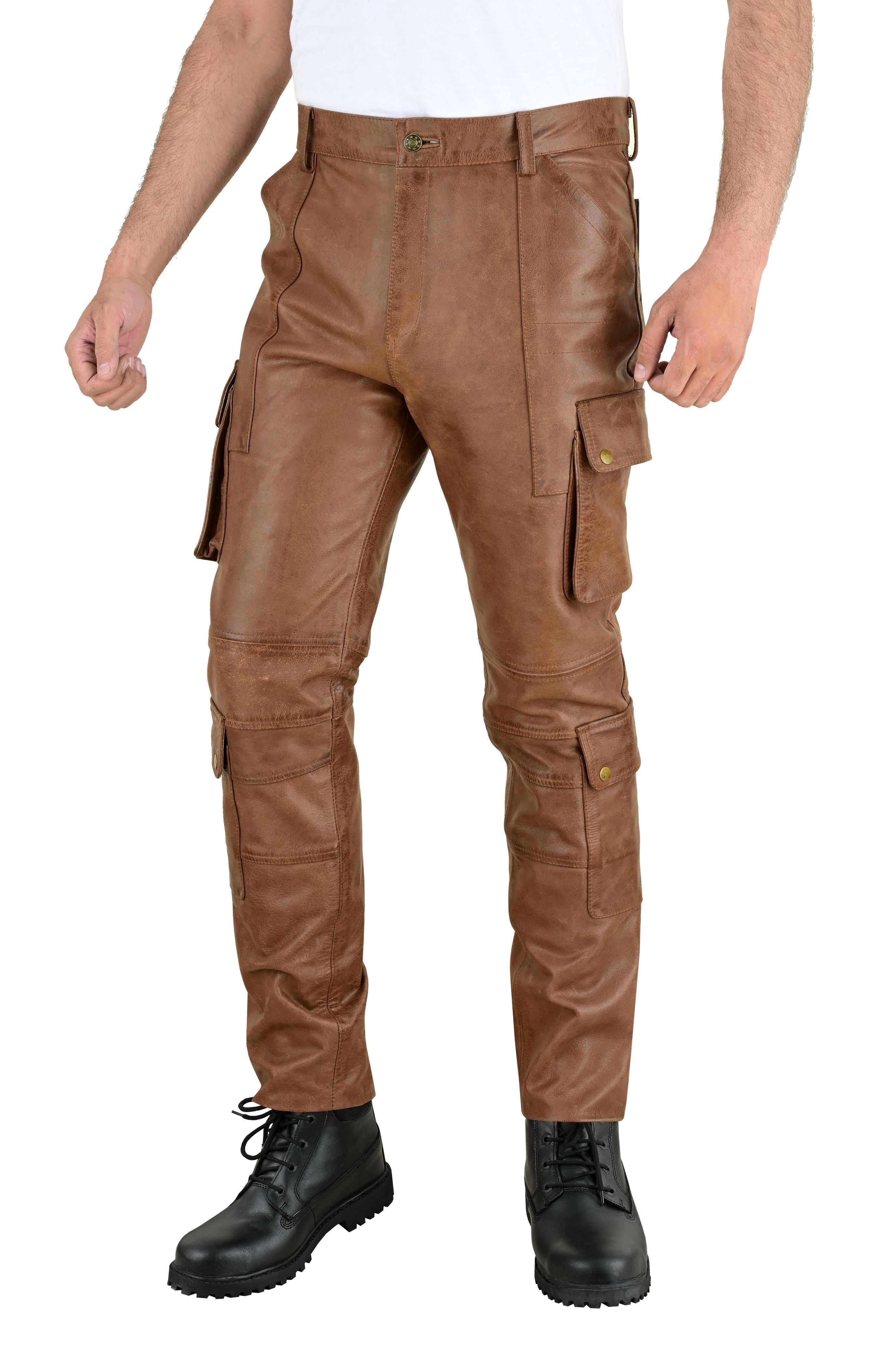MEN'S REAL VINTAGE LEATHER CARGO  POCKETS PANTS BIKERS PANTS WITH MULTIPLE POCKETS
