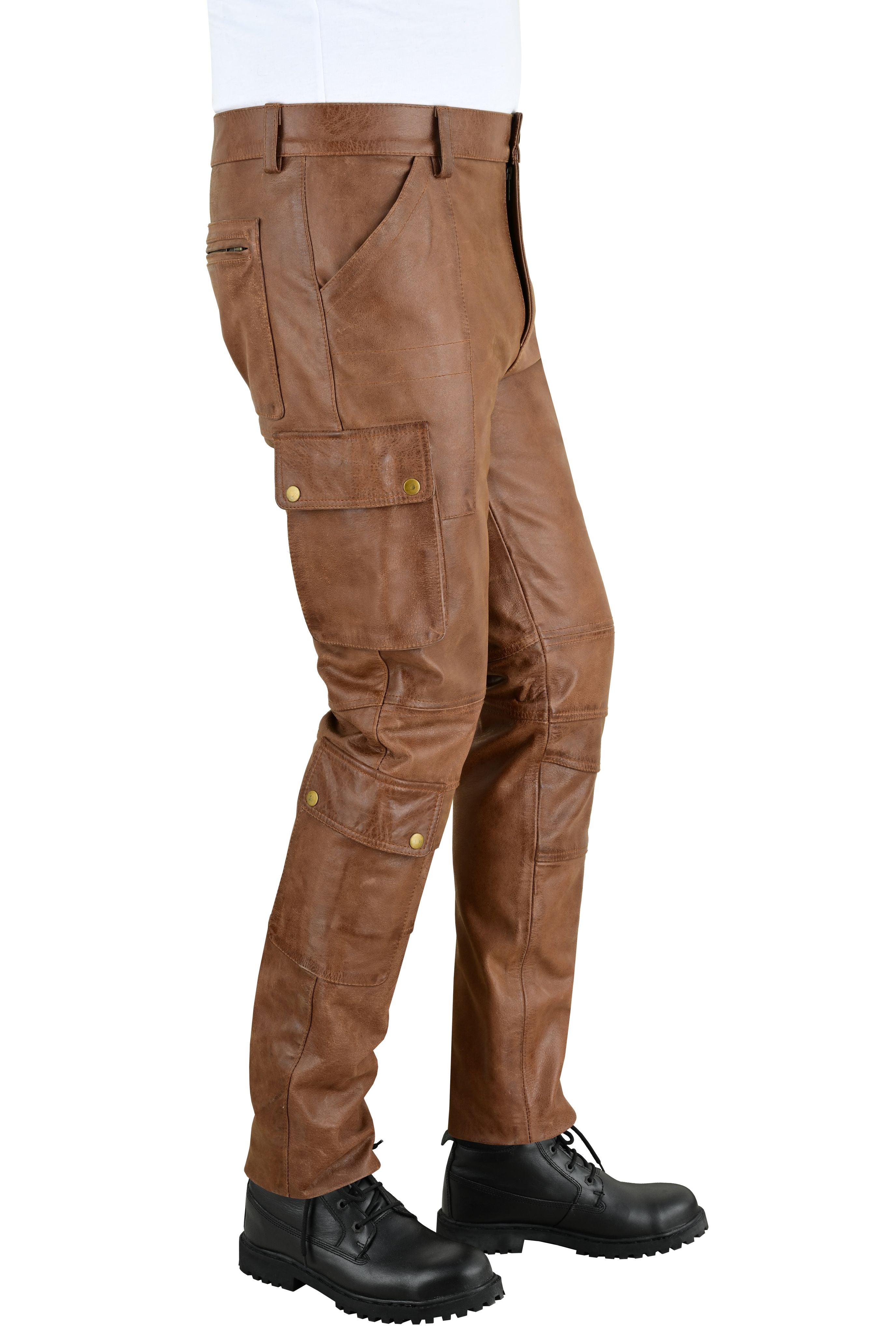 MEN'S REAL VINTAGE LEATHER CARGO  POCKETS PANTS BIKERS PANTS WITH MULTIPLE POCKETS