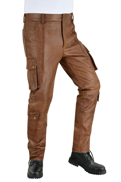MEN'S REAL VINTAGE LEATHER CARGO  POCKETS PANTS BIKERS PANTS WITH MULTIPLE POCKETS