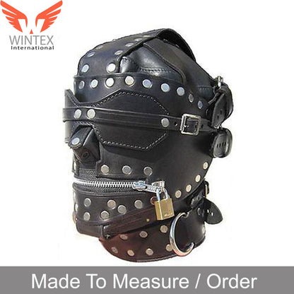 Genuine Leather Sensory Deprivation Bondage Hood With Locking Mouth Zip BH-1