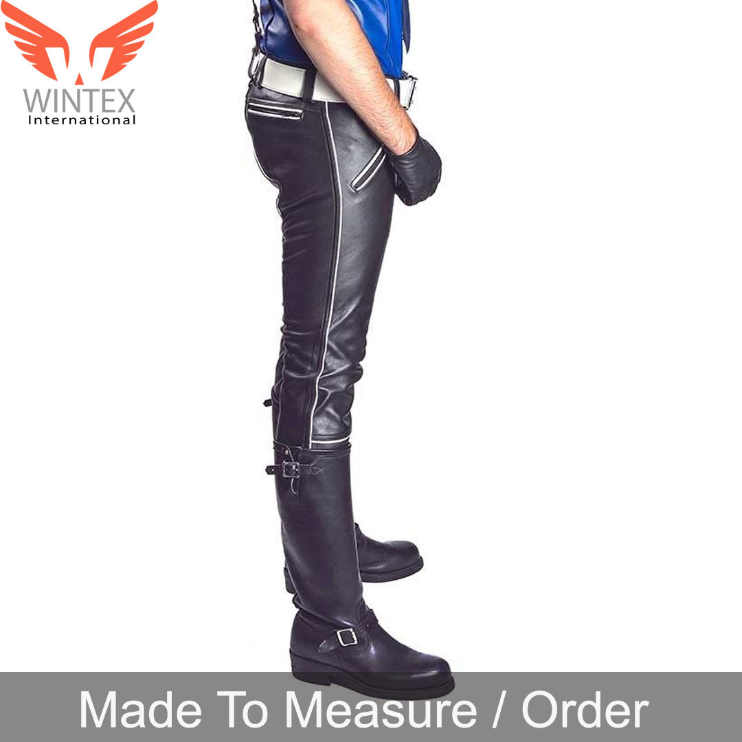 Men’s Real Leather Pants Double Zips Bikers Pants With White / Red / Blue Pipping