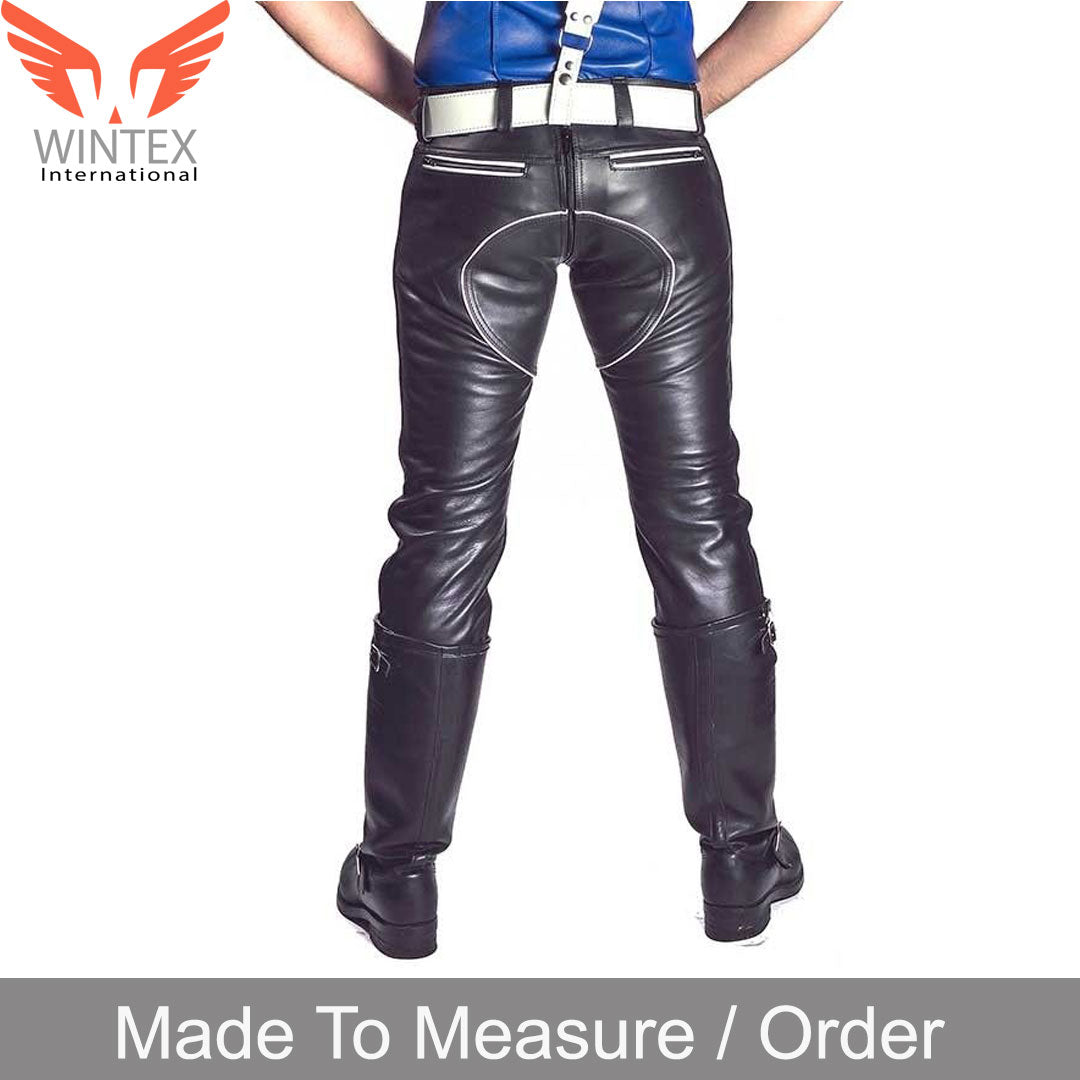Men’s Real Leather Pants Double Zips Bikers Pants With White / Red / Blue Pipping